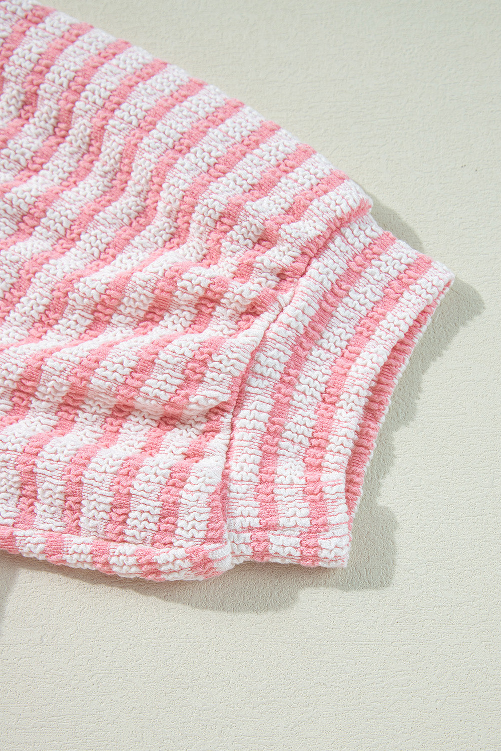 Stripe Textured Puff Sleeve Crewneck Top - felvior