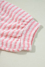 Stripe Textured Puff Sleeve Crewneck Top