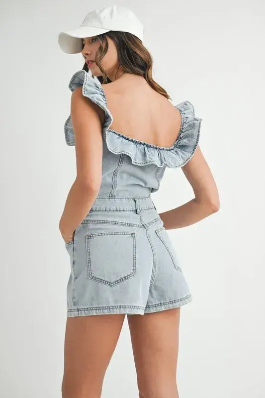 MABLE Off Shoulder Ruffle Detail Denim Romper