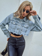 Distressed Raw Hem Cropped Denim Jacket
