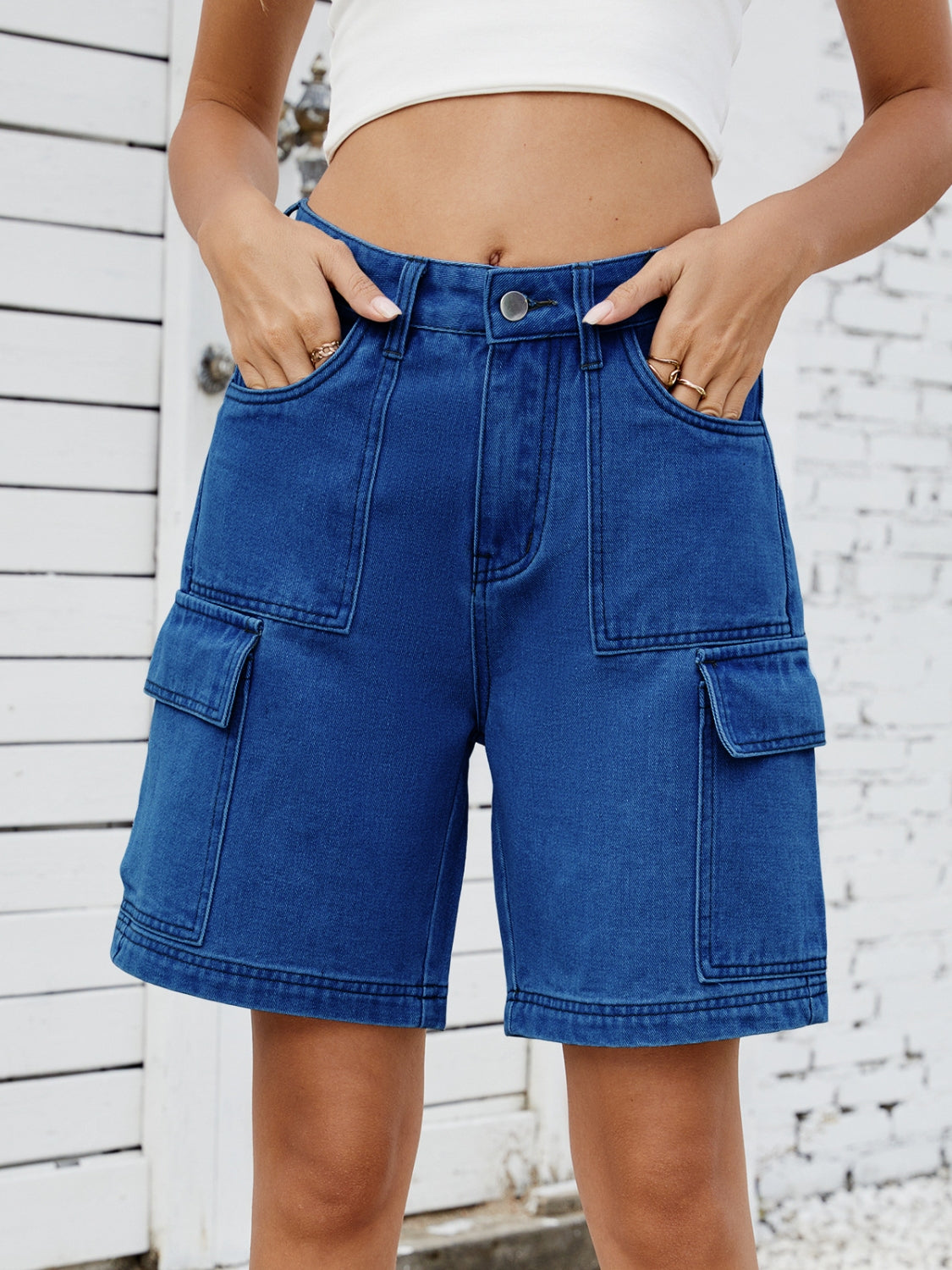 High Waist Denim Shorts with Cargo Pockets - felvior