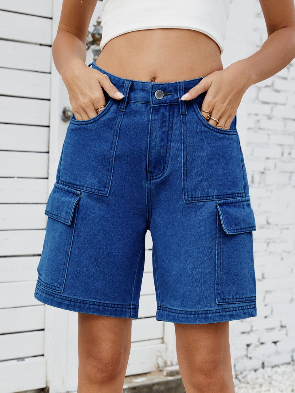 High Waist Denim Shorts with Cargo Pockets