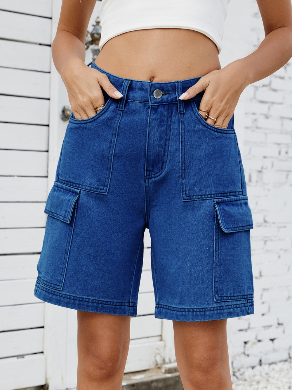 High Waist Denim Shorts with Cargo Pockets