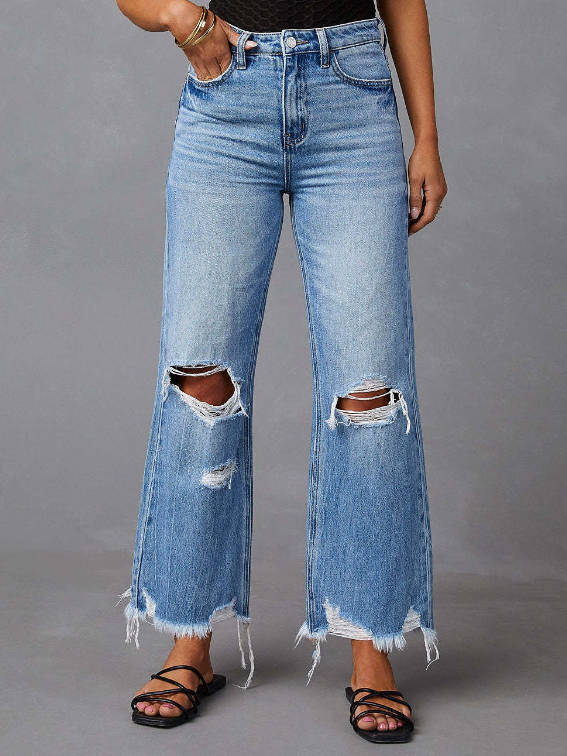 Distressed Raw Hem Jeans with Pockets - felvior
