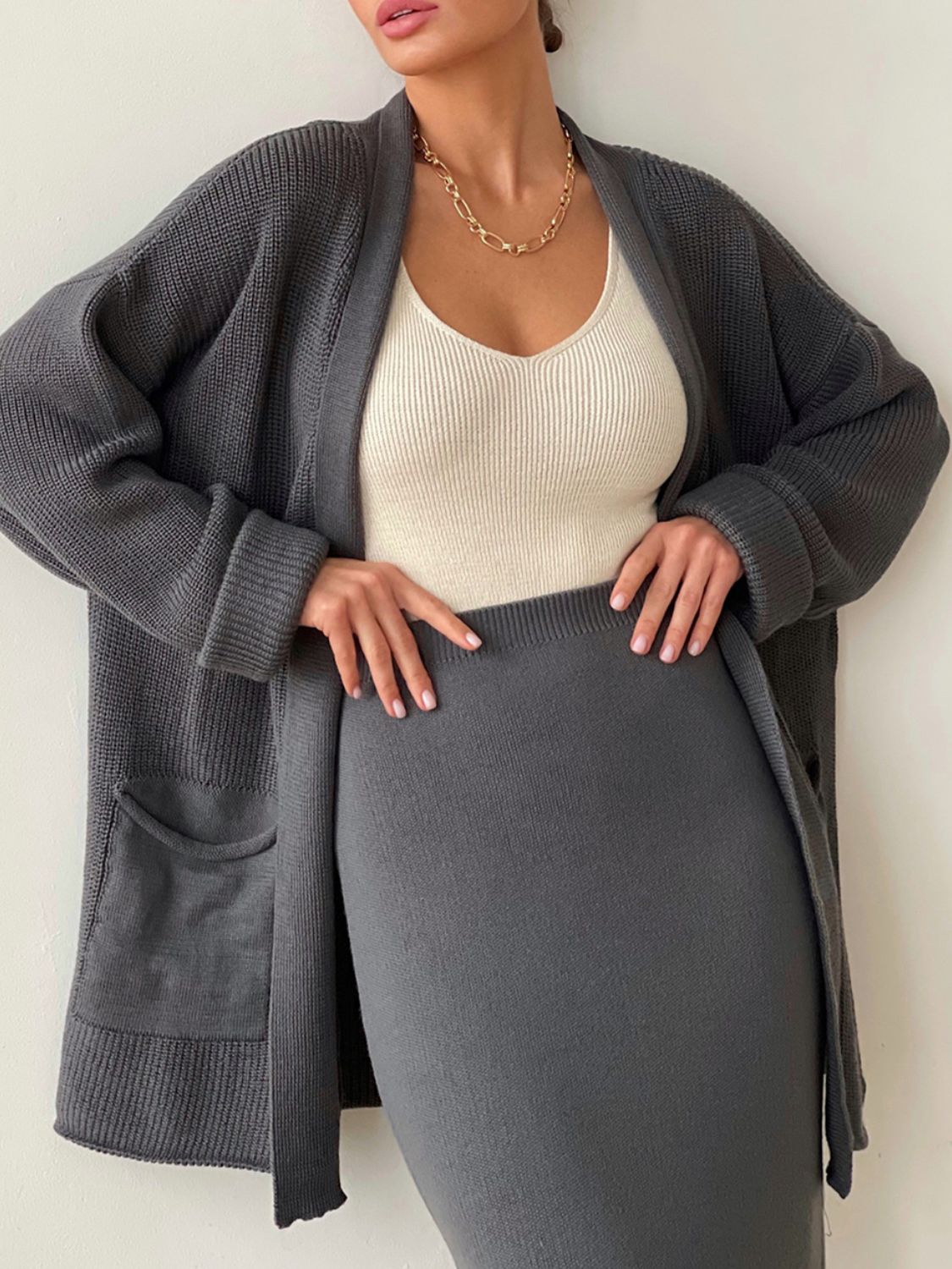 Pocketed Long Sleeve Cardigan and Skirt Sweater Set - felvior