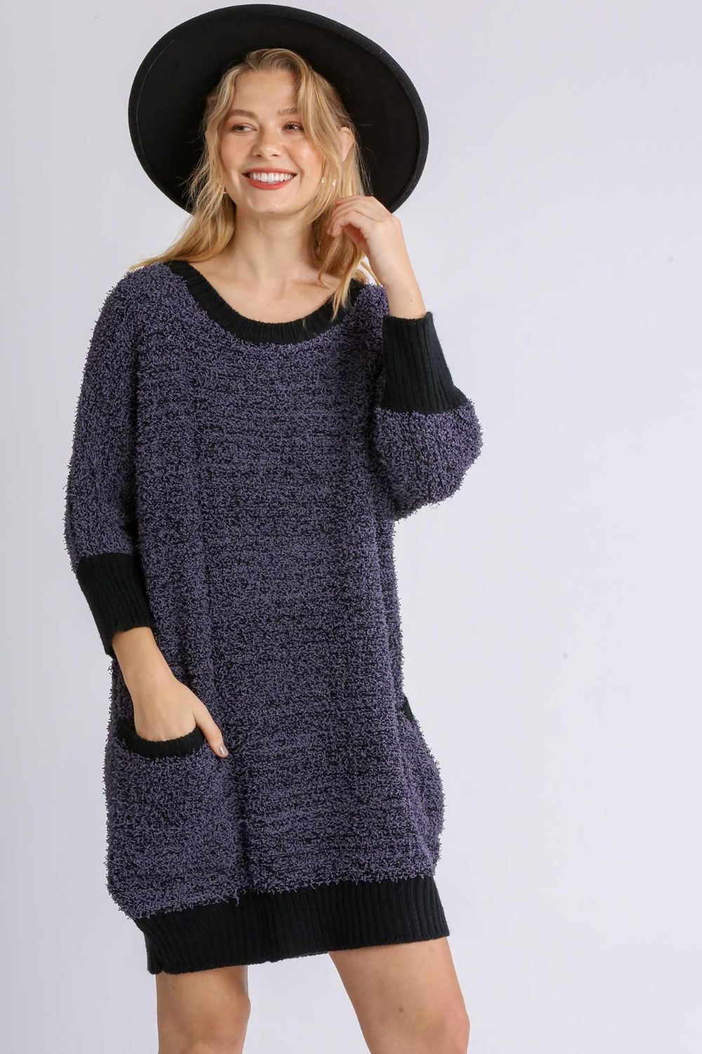 Umgee Full Size Ribbed Hem Round Neck 3/4 Sleeve Sweater Dress with Pockets Plus Size Main image