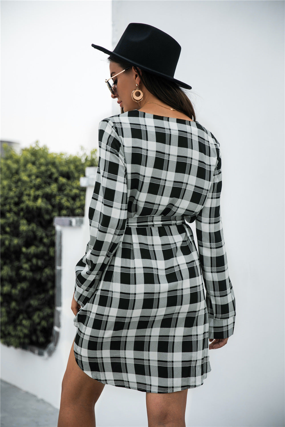 Plaid V-Neck Tie Waist Dress - felvior