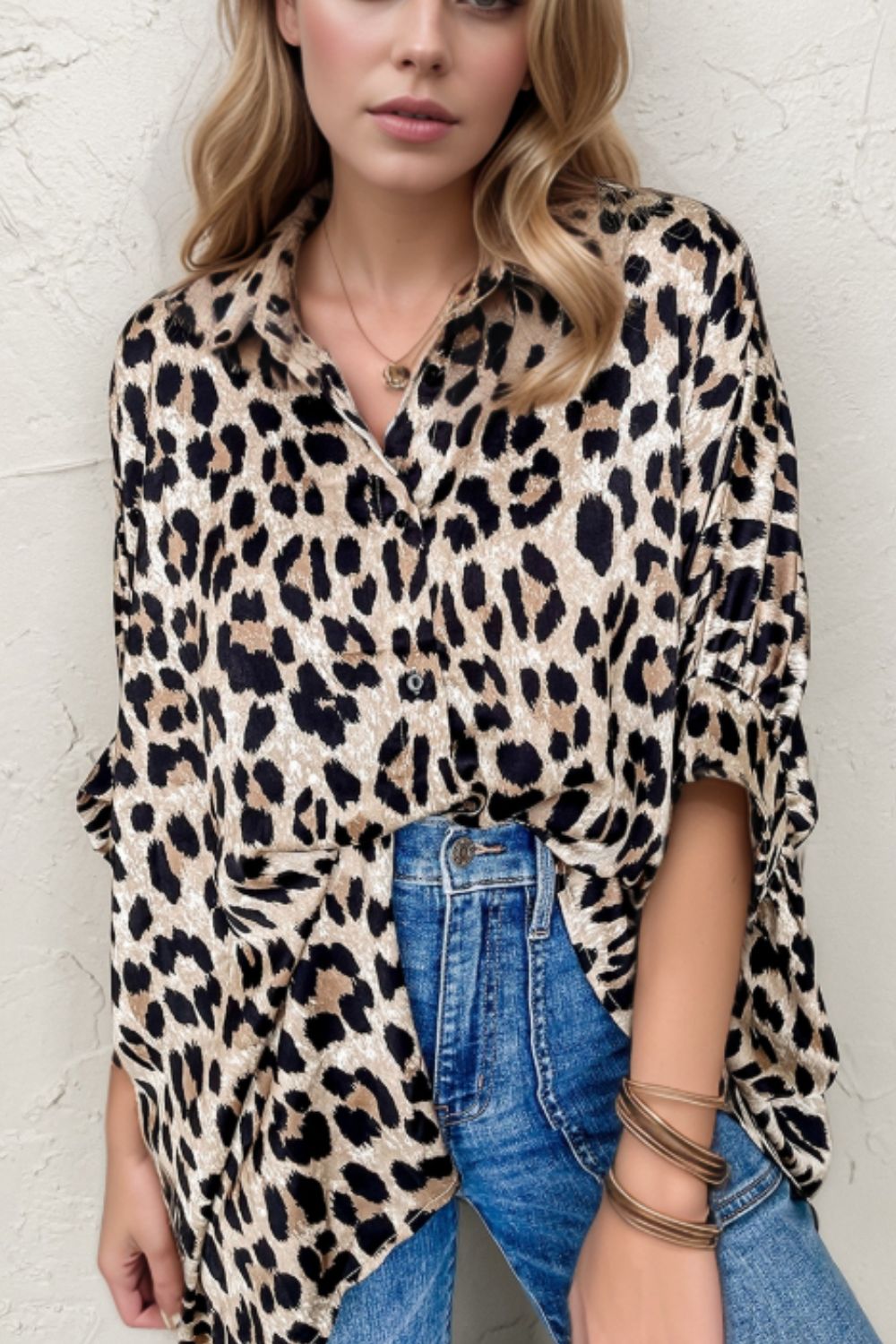 Leopard Print Buttoned 3/4 Sleeve Loose Fit Shirt