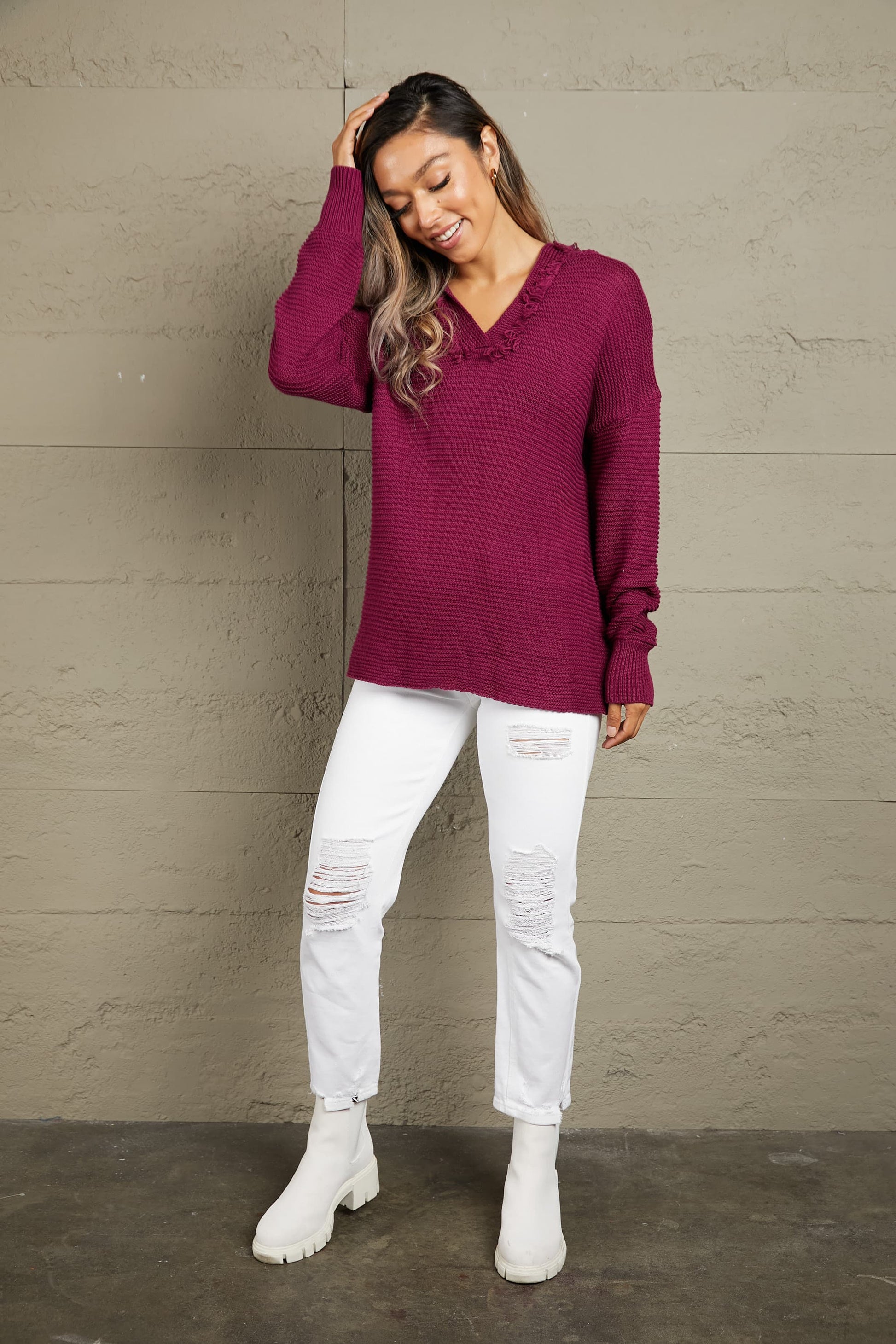 Woven Right Horizontal Ribbing Fringe Trim Hooded Sweater - felvior