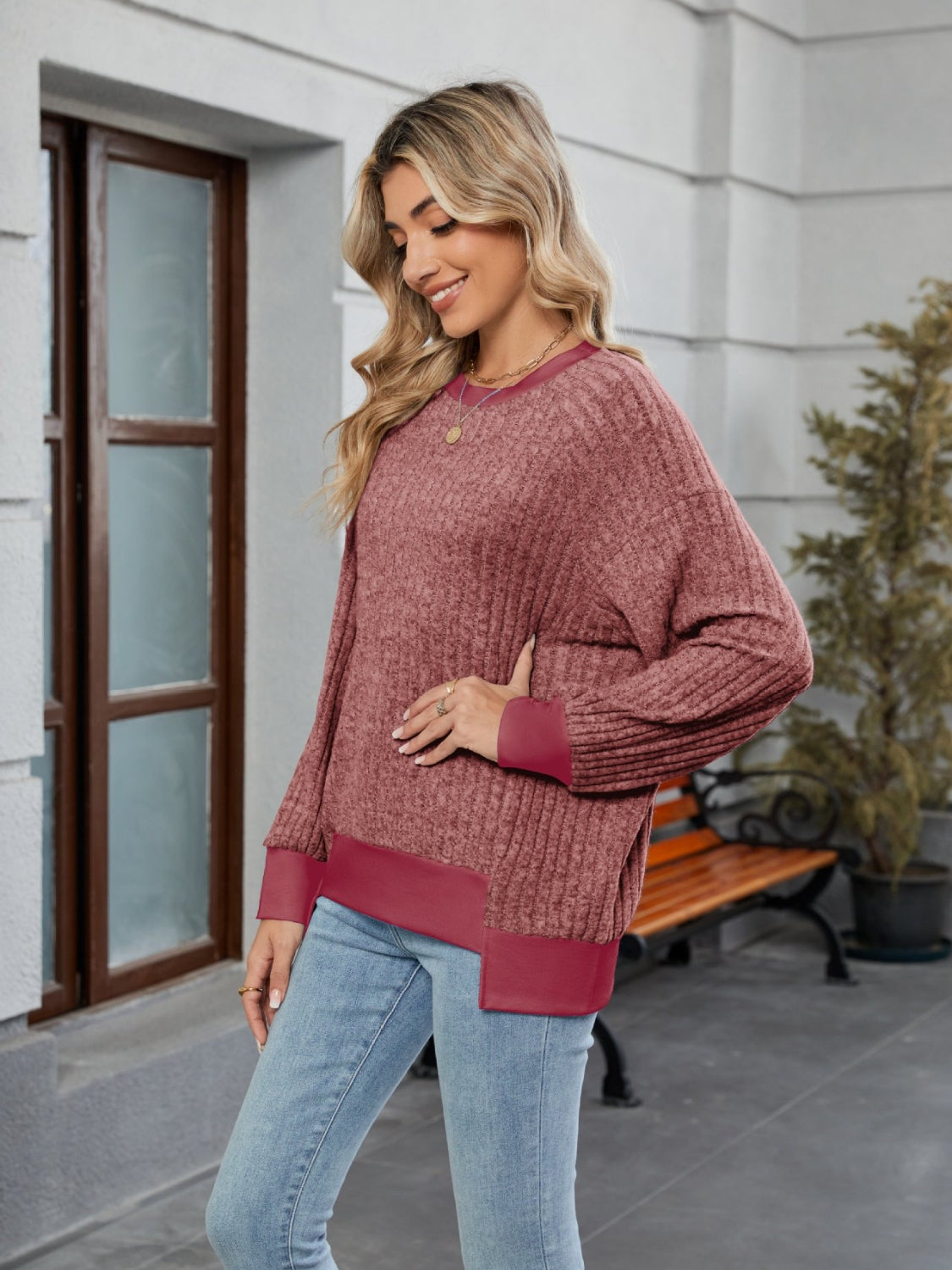 Contrast Trim Round Neck Long Sleeve T-Shirt