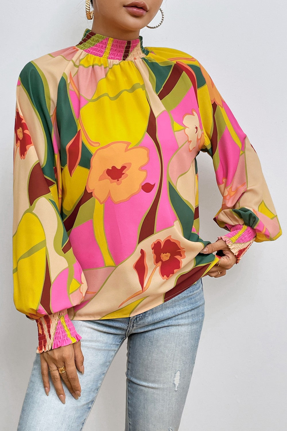 Floral Smocked Lantern Sleeve Mock Neck Blouse - felvior