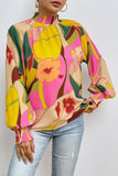 Floral Smocked Lantern Sleeve Mock Neck Blouse - felvior