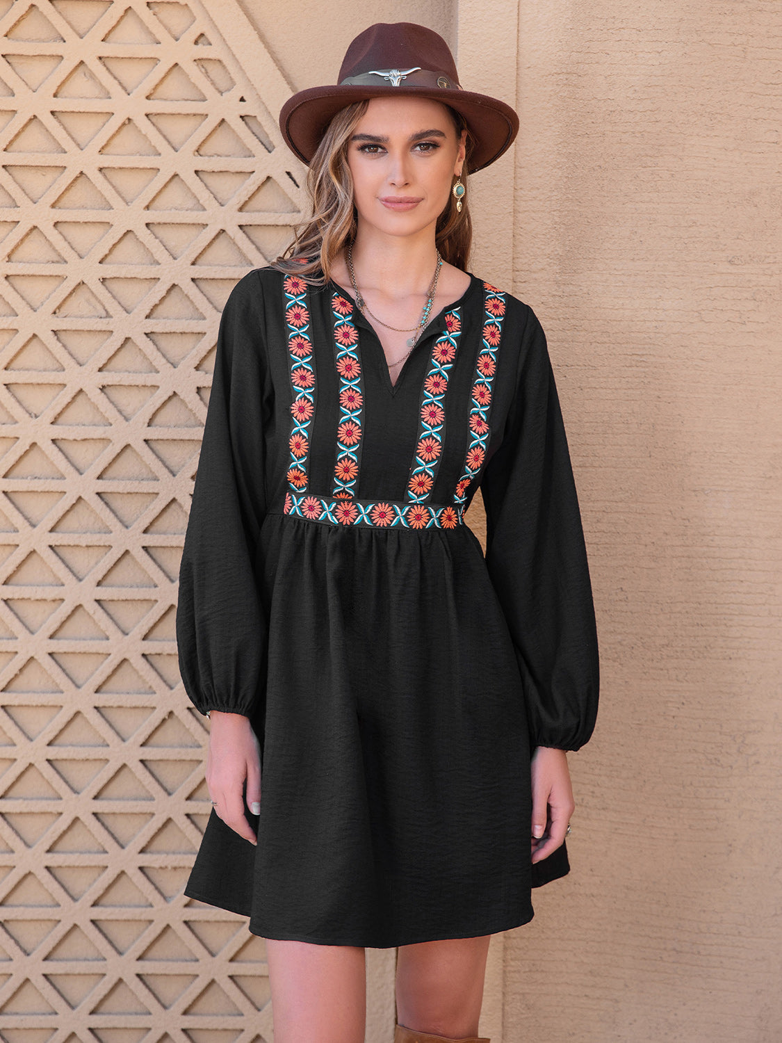 Notched Neck Long Sleeve Printed Mini Dress - felvior