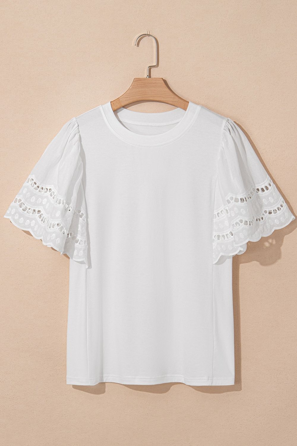 Hollow Out Embroidered Short Sleeve Round Neck Top - felvior