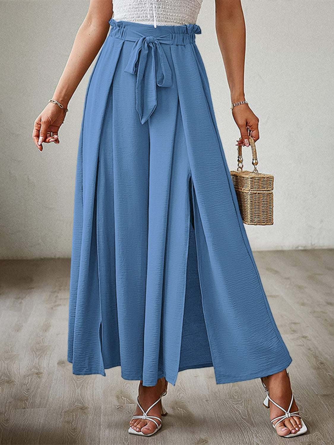 Tied Slit Wide Leg Pants - felvior