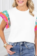 Ruffled Round Neck Cap Sleeve Top