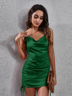 Side Drawstring Ruched Cowl Neck Mini Cami Dress