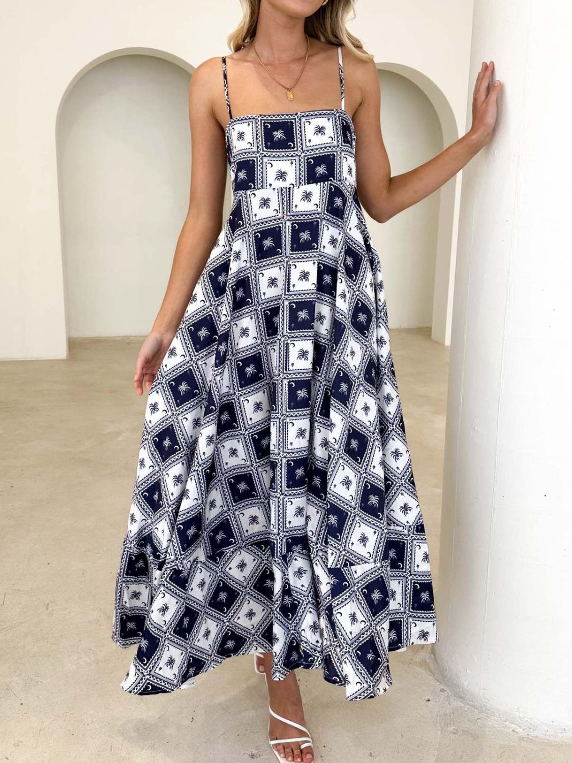 Printed Square Neck Midi Cami Dress - felvior