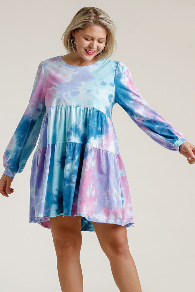 Umgee Full Size Tie Dye Round Neck Long Sleeve Babydoll Tiered Dress Plus Size