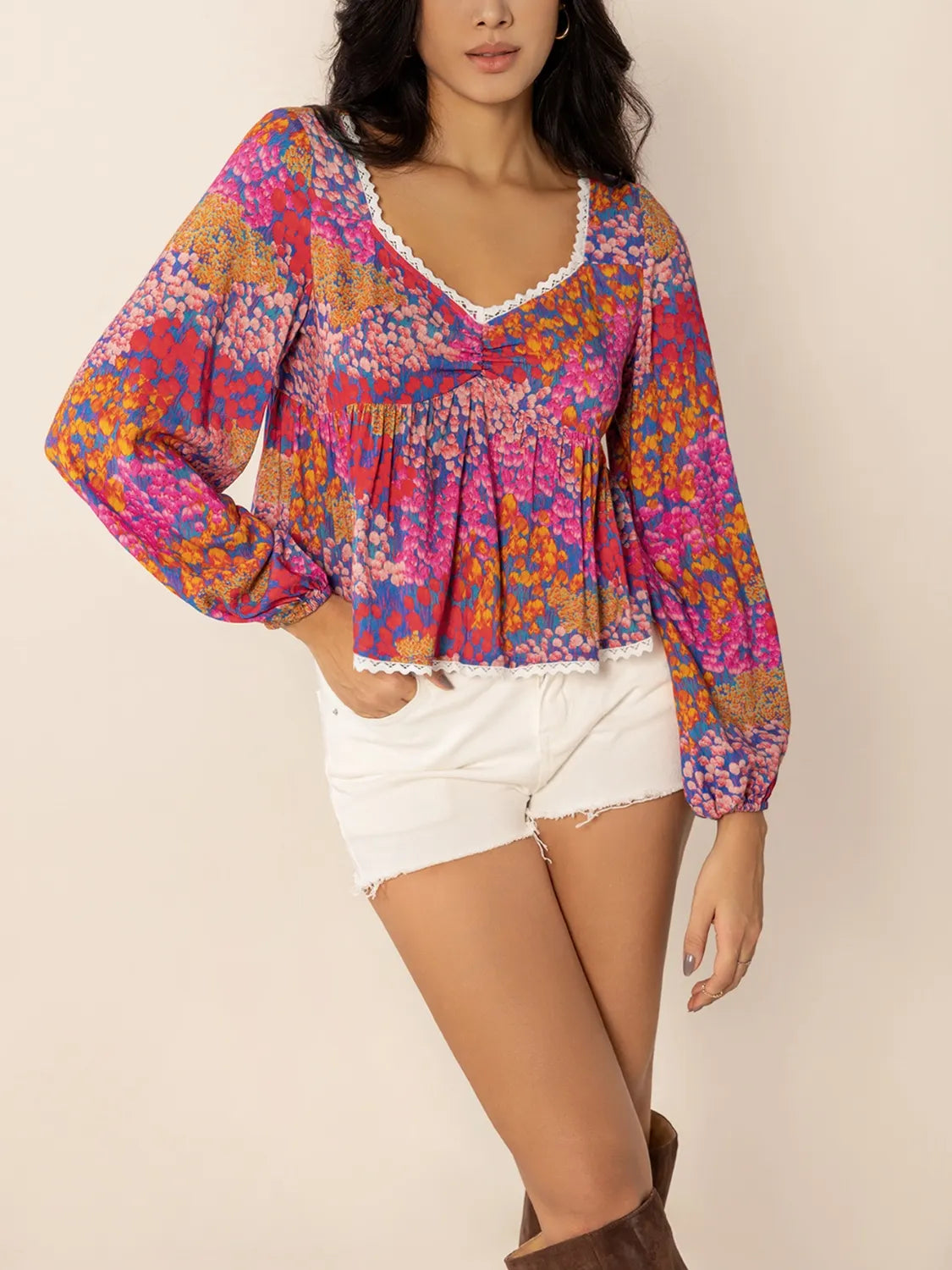 Lace Detail Printed Balloon Sleeve Top Main image