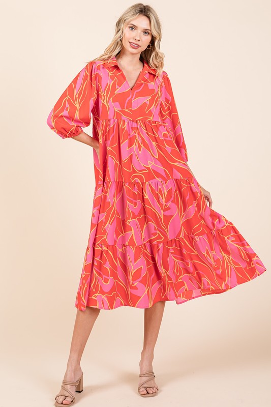 Mittoshop Tiered Printed Collared Neck Midi Dress - felvior