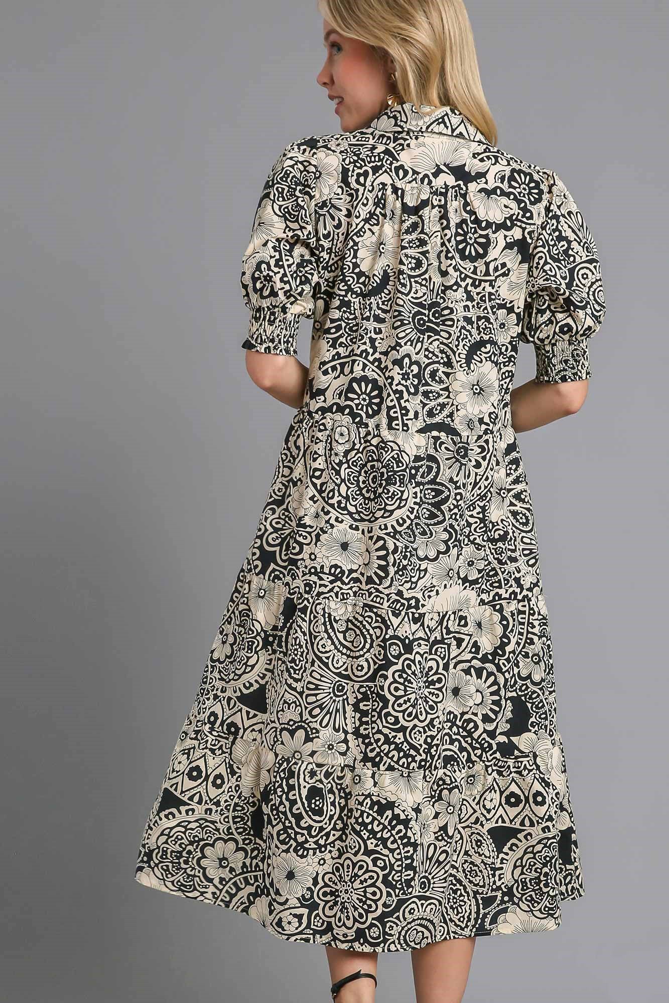 Umgee Full Size Printed Smocked Cuff Puff Sleeve Midi Dress Plus Size - felvior