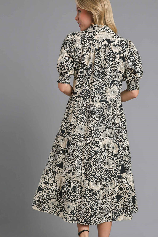 Umgee Full Size Printed Smocked Cuff Puff Sleeve Midi Dress Plus Size - felvior