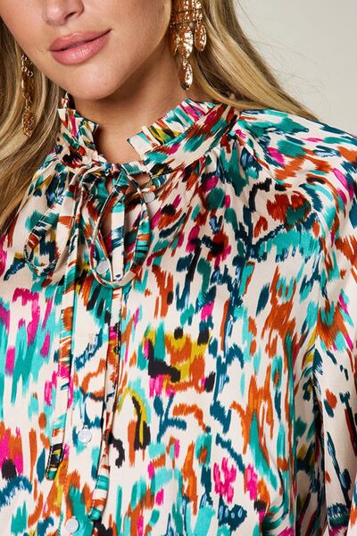 Double Take Full Size Printed Button Up Long Sleeve Shirt - felvior