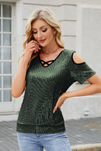 Sequin Cold Shoulder Short Sleeve Blouse