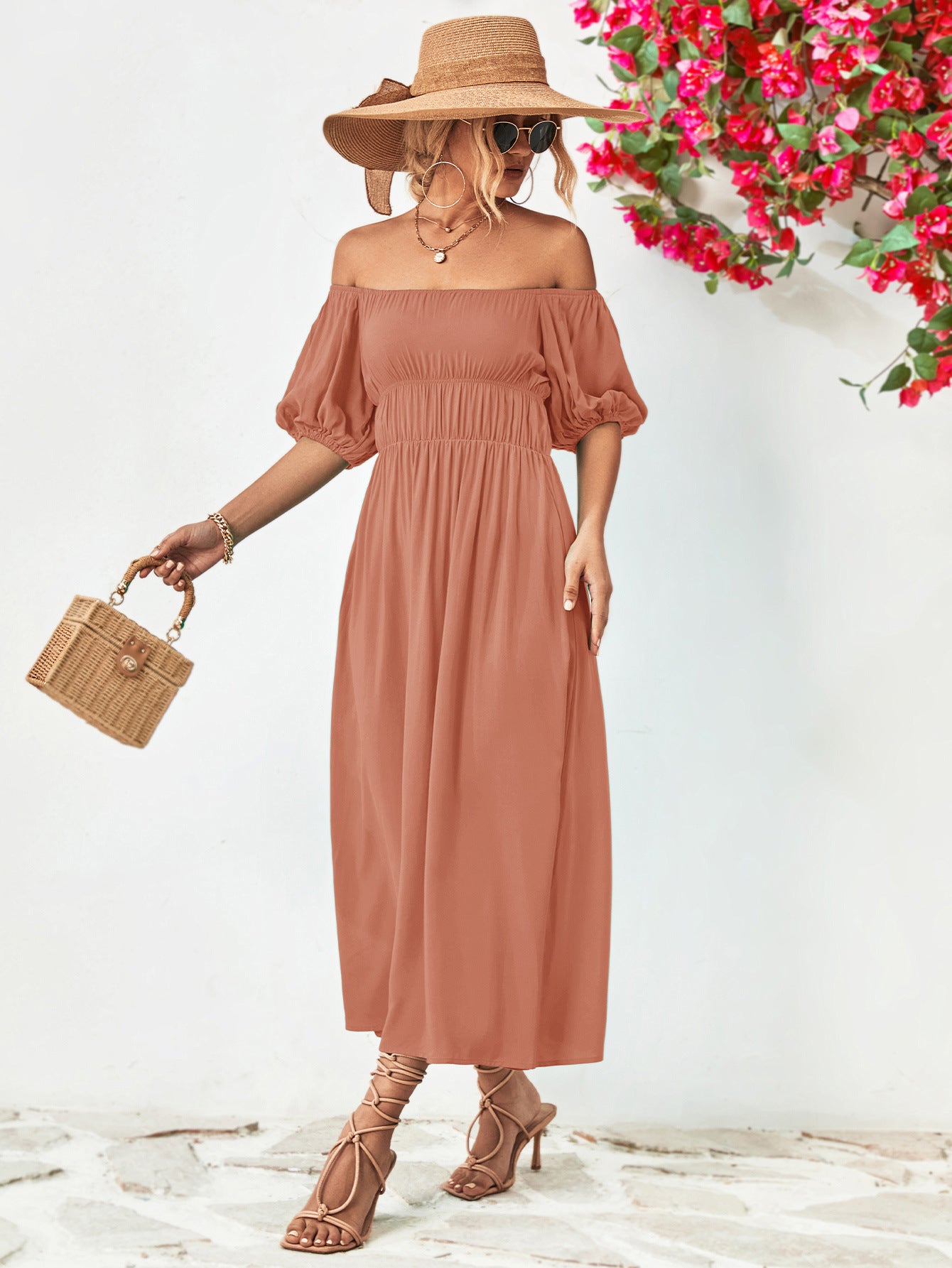 Off-Shoulder Balloon Sleeve Midi Dress - felvior