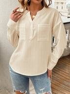 Devine Pocketed Notched Long Sleeve Blouse