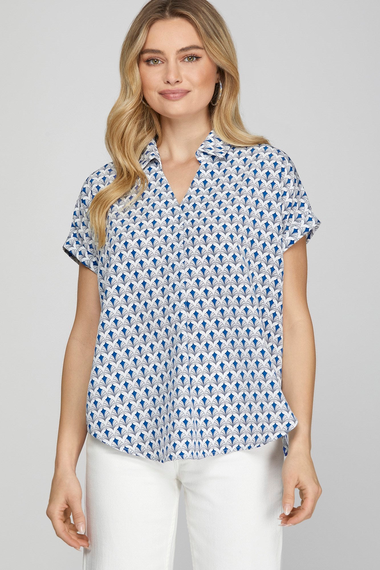 She + Sky Full Size Printed Johnny Collar Short Sleeve Blouse Plus Size