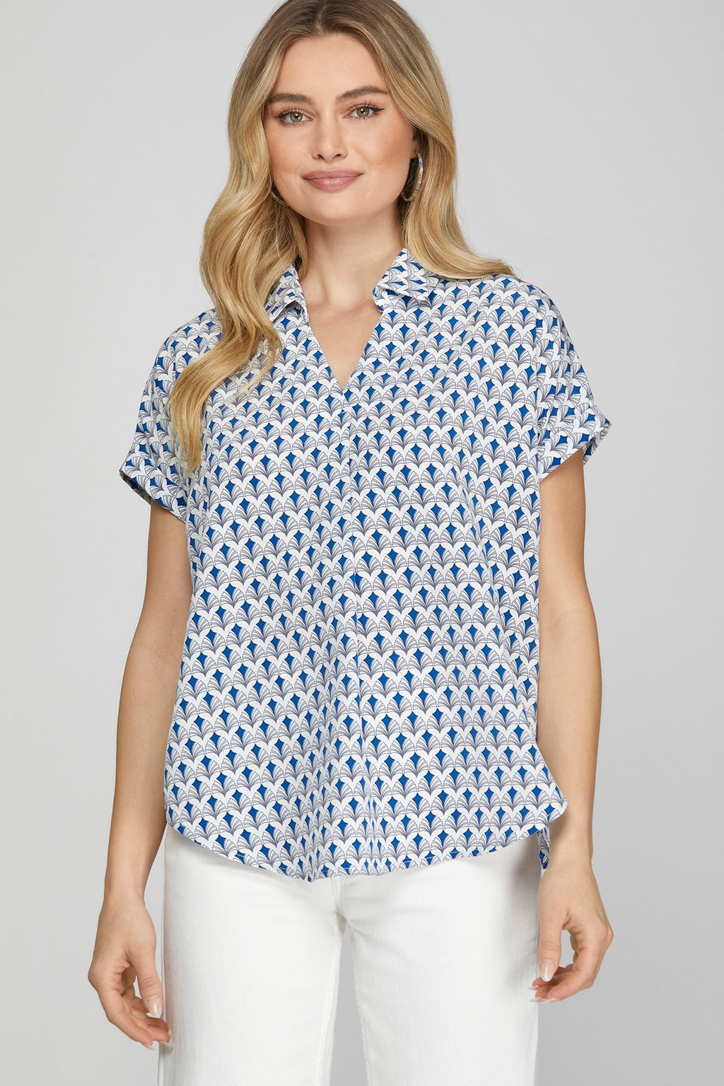 She + Sky Full Size Printed Johnny Collar Short Sleeve Blouse Plus Size