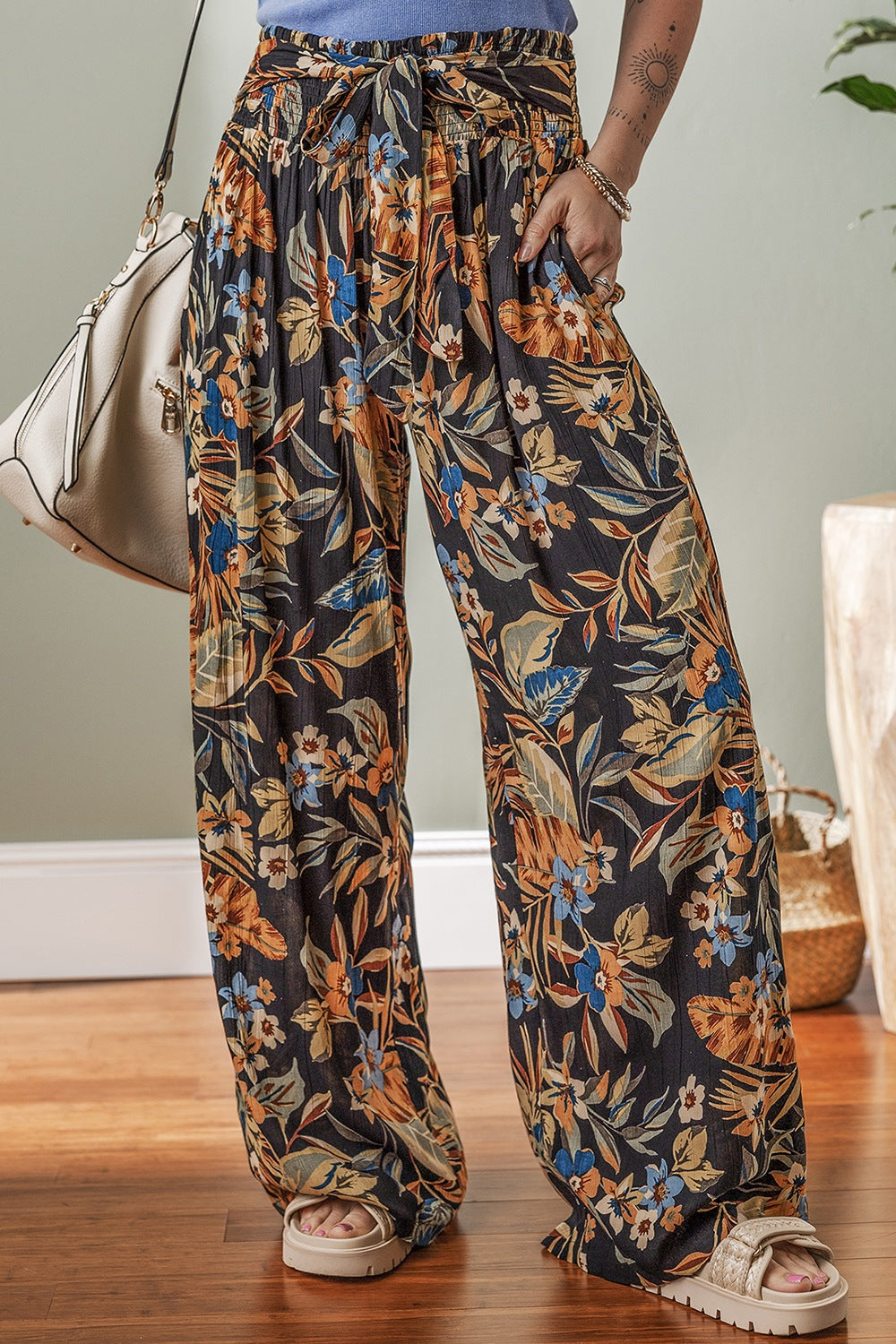 Floral Shirred High Waist Wide Leg Pants with Tie - felvior