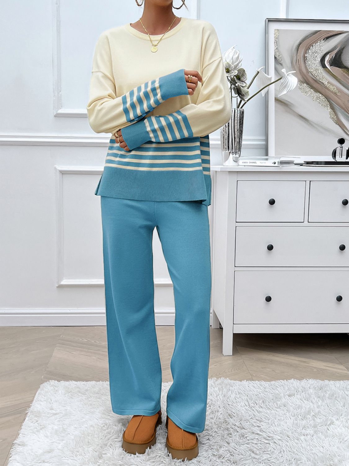 Devine Slit Striped Round Neck Top and Pants Sweater Set - felvior
