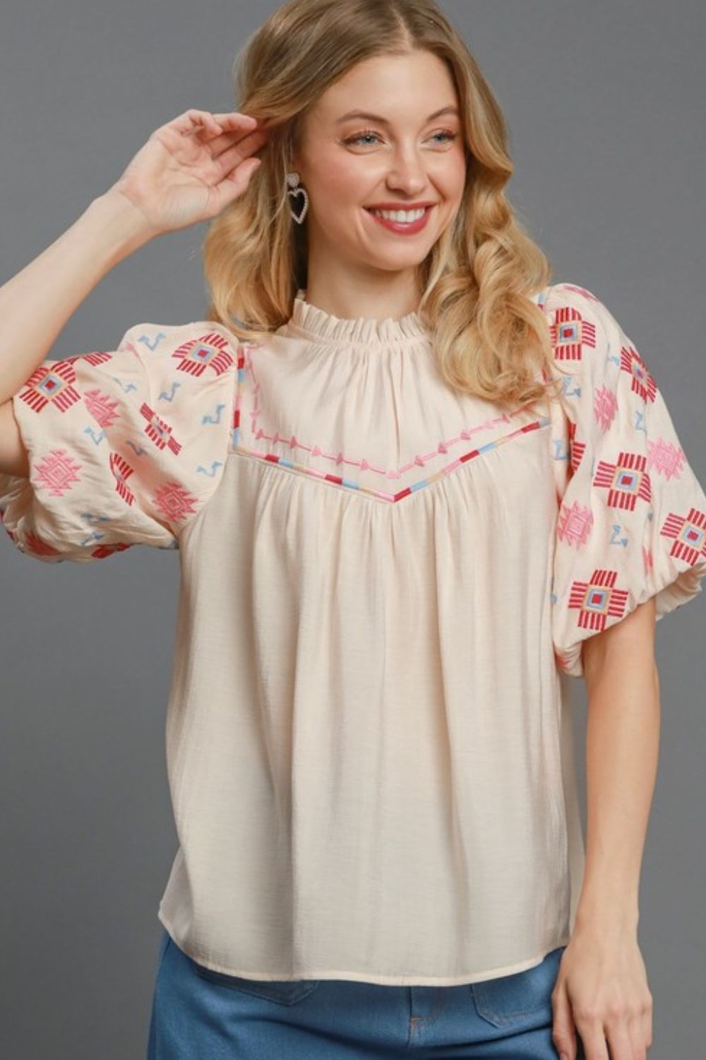 Umgee Full Size Embroidered Puff Sleeve Mock Neck Top Plus Size - felvior