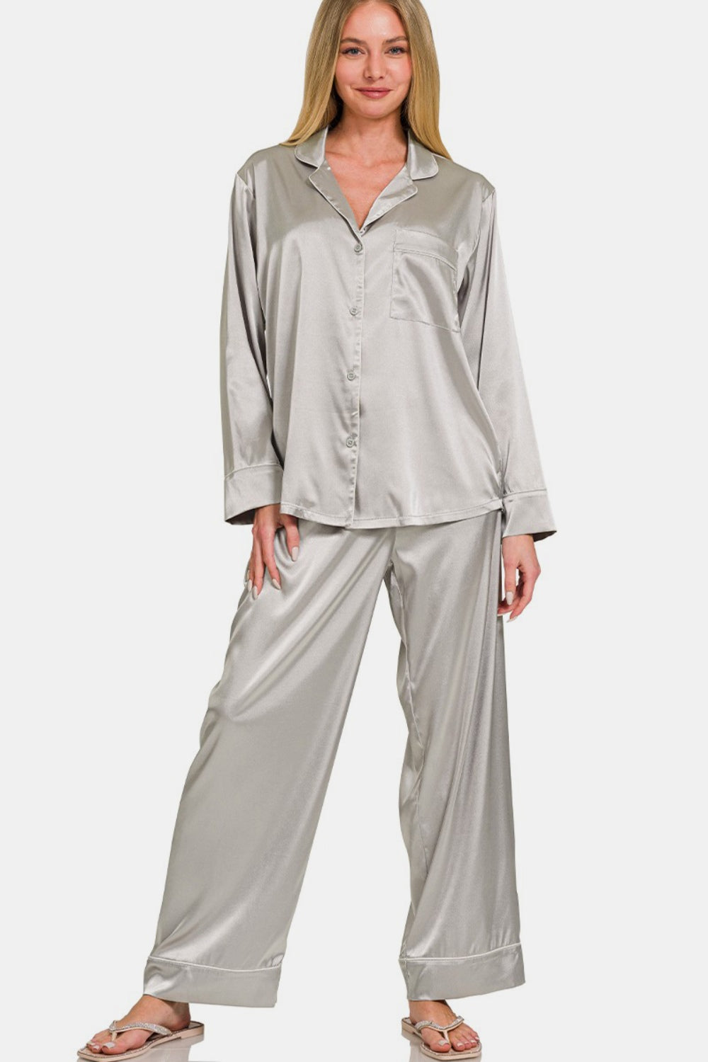 Zenana Satin Long Sleeve Shirt and Pants Pajama Set Hauptbild