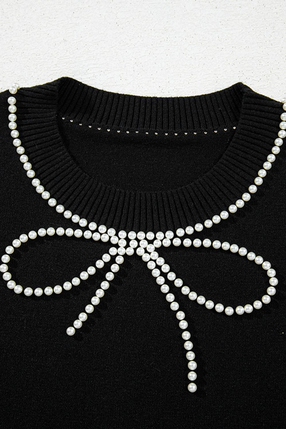 Pearl Bow Necklace Embellished Short Sleeve Knit Top - felvior