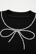 Pearl Bow Necklace Embellished Short Sleeve Knit Top