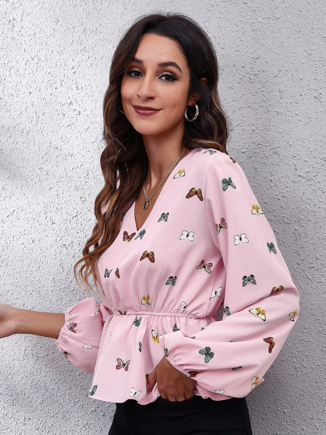 Butterfly V-Neck Balloon Sleeve Peplum Blouse - felvior
