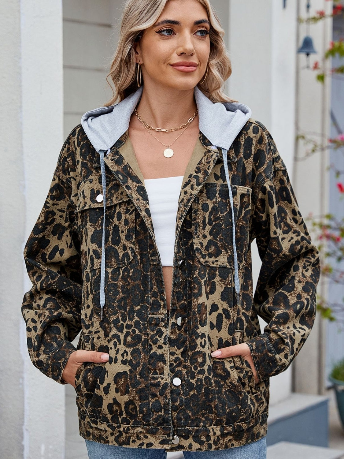 Pocketed Leopard Long Sleeve Denim Jacket - felvior