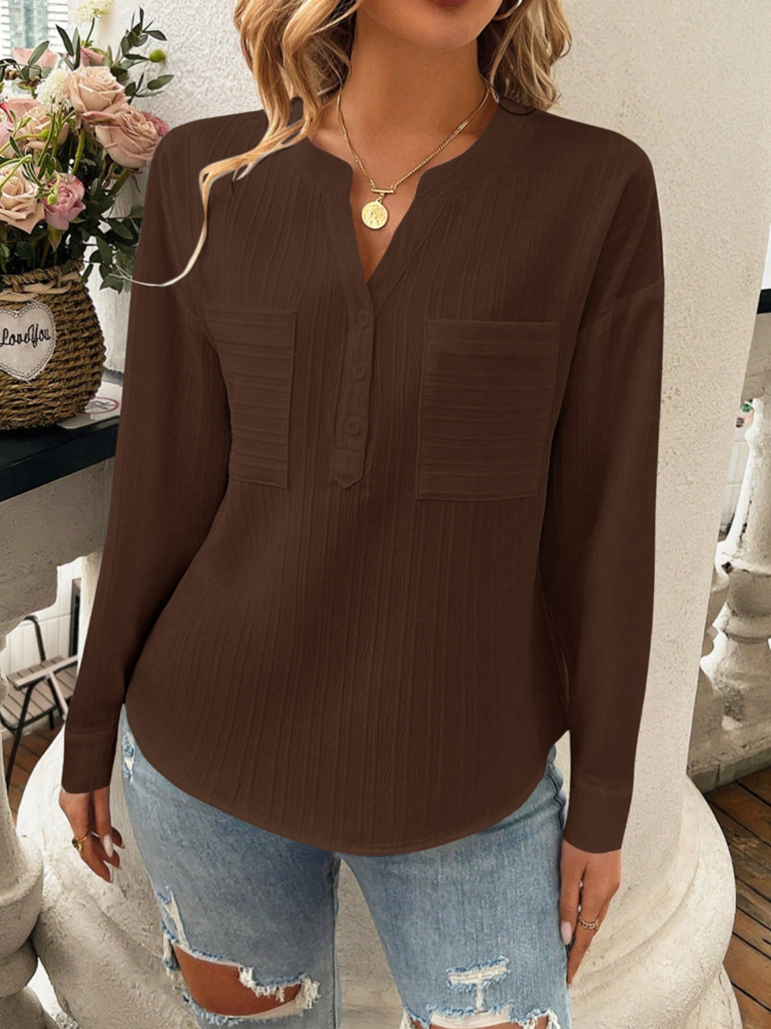 Devine Pocketed Notched Long Sleeve Blouse