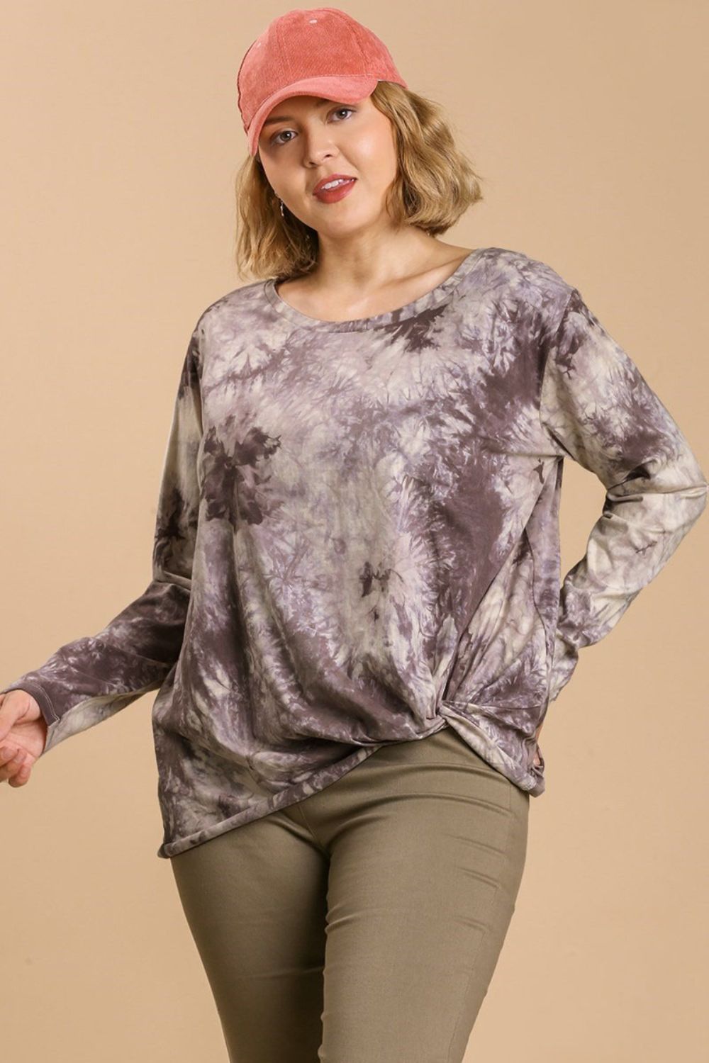 Umgee Full Size Tie Dye Front Gathered Detail Round Neck Long Sleeve T-Shirt Plus Size - felvior