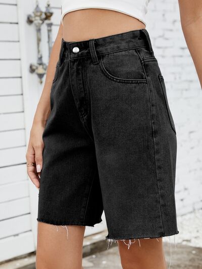 Washed Raw Hem Denim Shorts - felvior