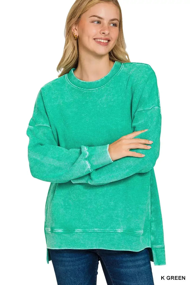 Zenana Full Size Acid Washed Double Ribbed Hi-low Sweatshirt Plus Size