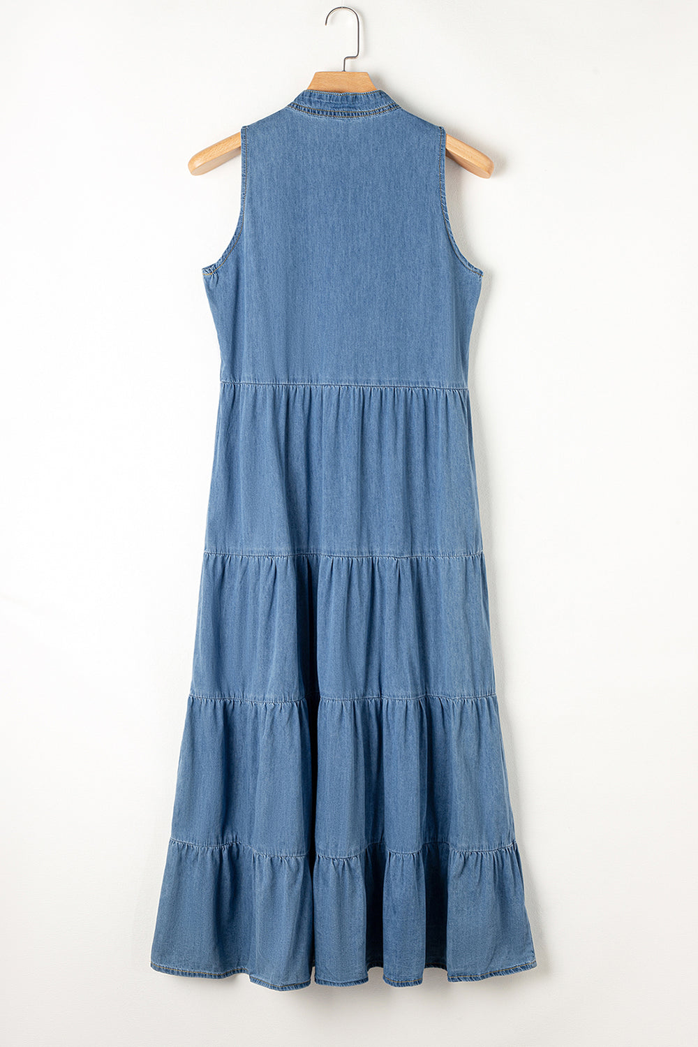 Tie Neck Tiered Maxi Denim Dress