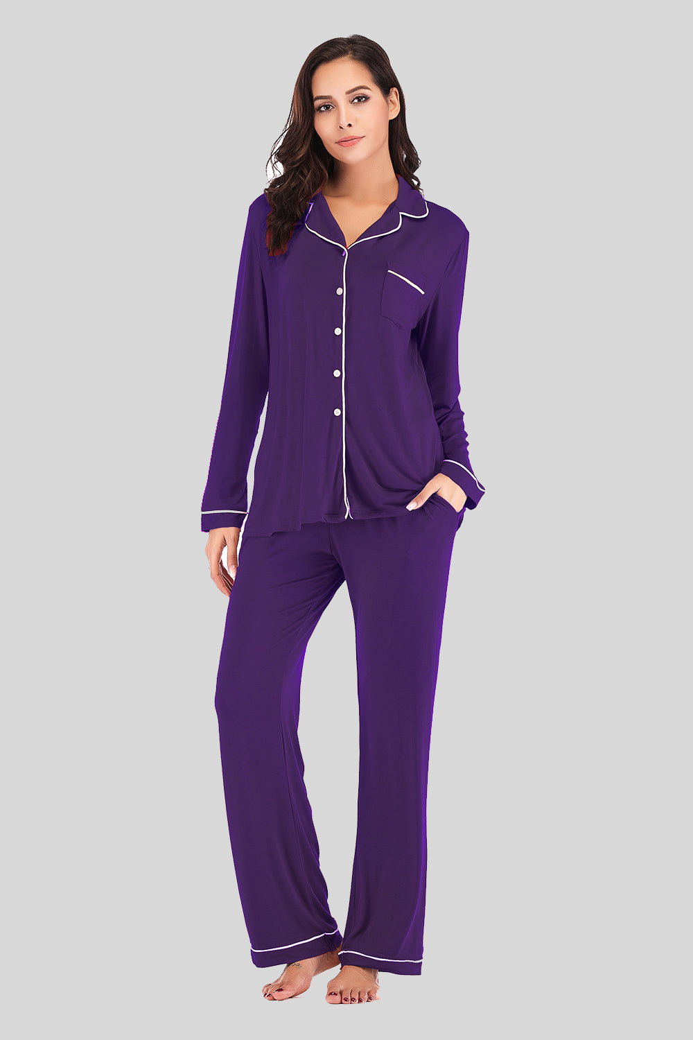 Collared Neck Long Sleeve Loungewear Set with Pockets - felvior