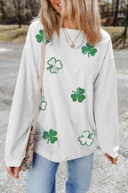 Sequin Lucky Clover Round Neck Long Sleeve Sweatshirt