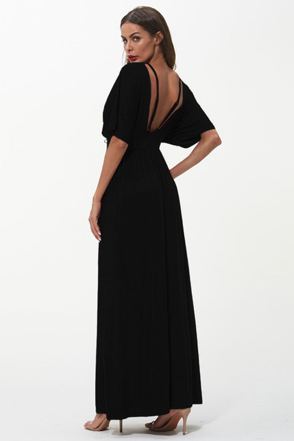 Shiny Strappy Neck Maxi Dress - felvior