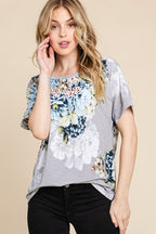 BOMBOM Floral Round Neck Short Sleeve T-Shirt